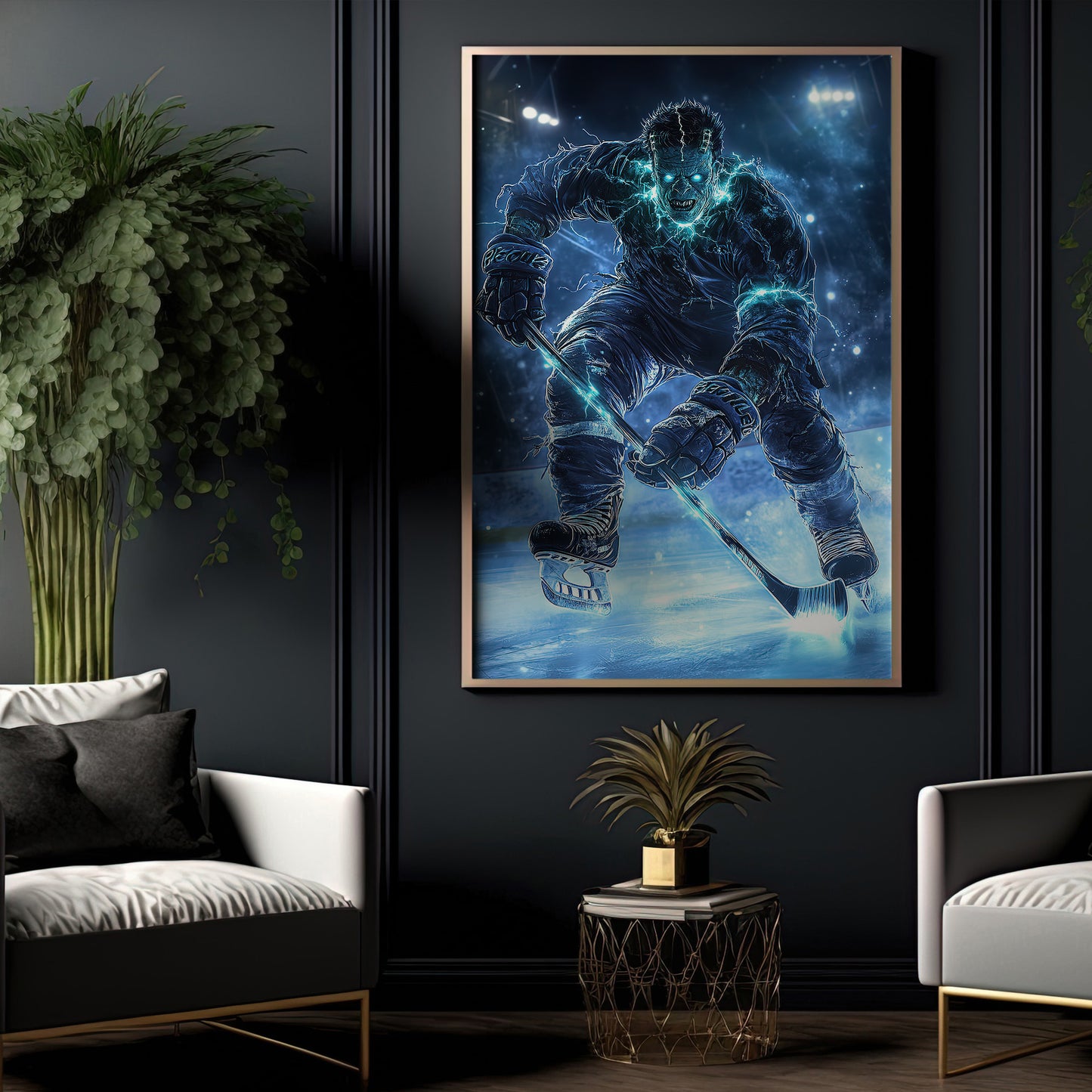 Frankenstein’s Power Play, Hockey Canvas Painting, Spooky Season Wall Art Decor, Halloween Poster Gift For Hockey Lovers