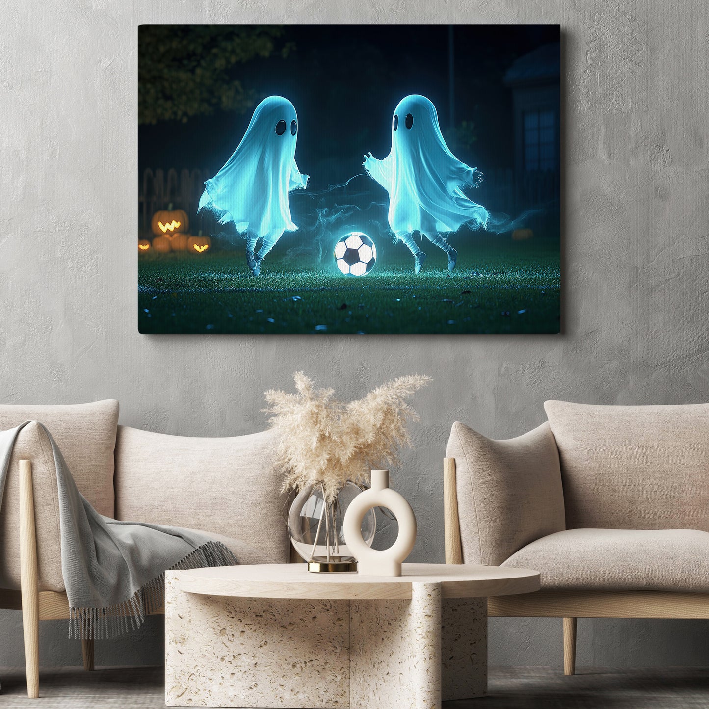 Interesting Halloween Soccer Canvas Painting, Spectral Soccer Duel, Sports Wall Art Decor, Poster Gift For Soccer Lovers, Soccer Players