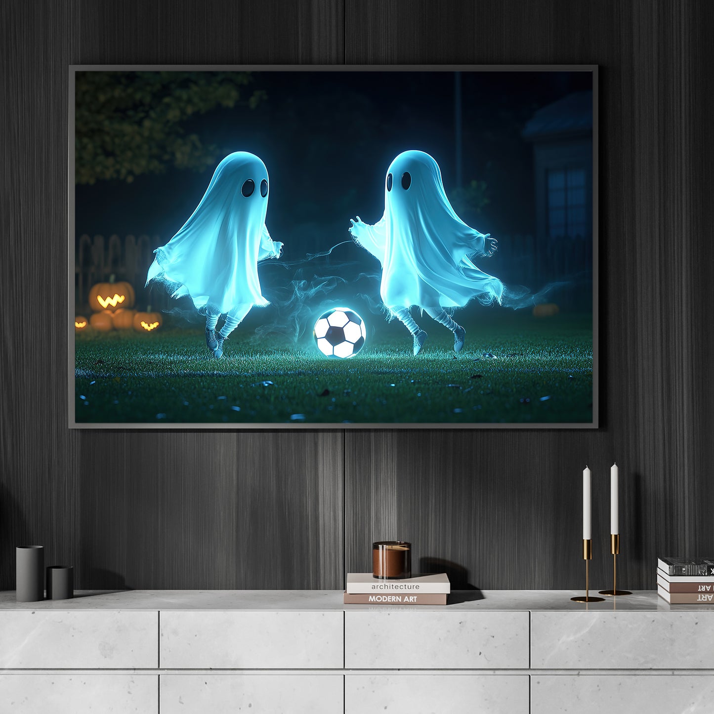 Interesting Halloween Soccer Canvas Painting, Spectral Soccer Duel, Sports Wall Art Decor, Poster Gift For Soccer Lovers, Soccer Players