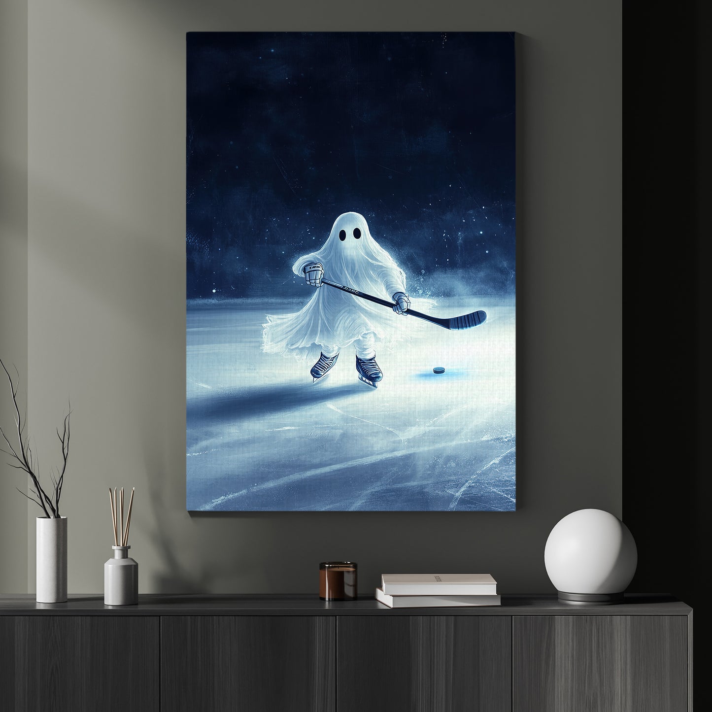 Ghost Plays Hockey, Hockey Canvas Painting, Spooky Season Wall Art Decor, Halloween Poster Gift For Hockey Lovers