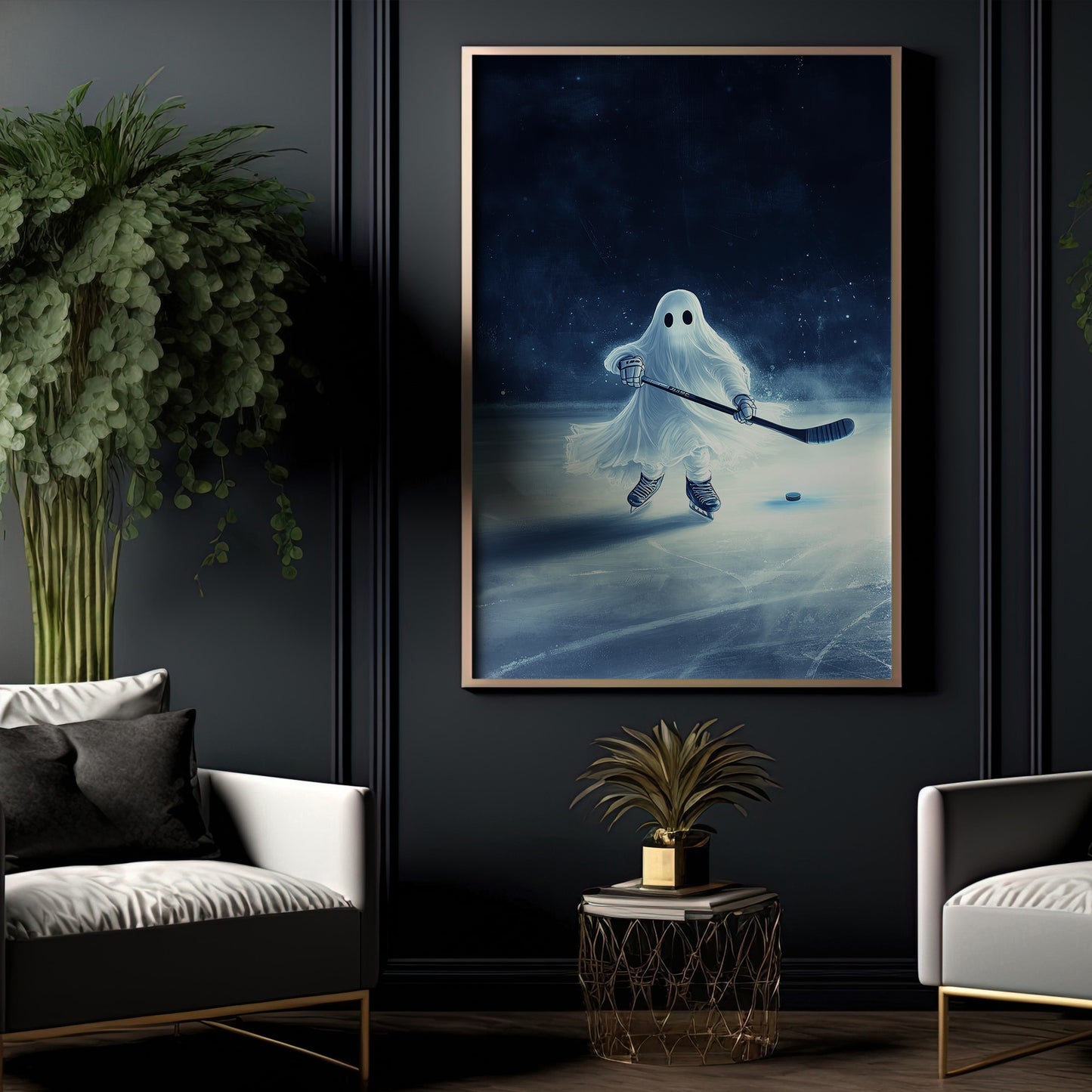 Ghost Plays Hockey, Hockey Canvas Painting, Spooky Season Wall Art Decor, Halloween Poster Gift For Hockey Lovers