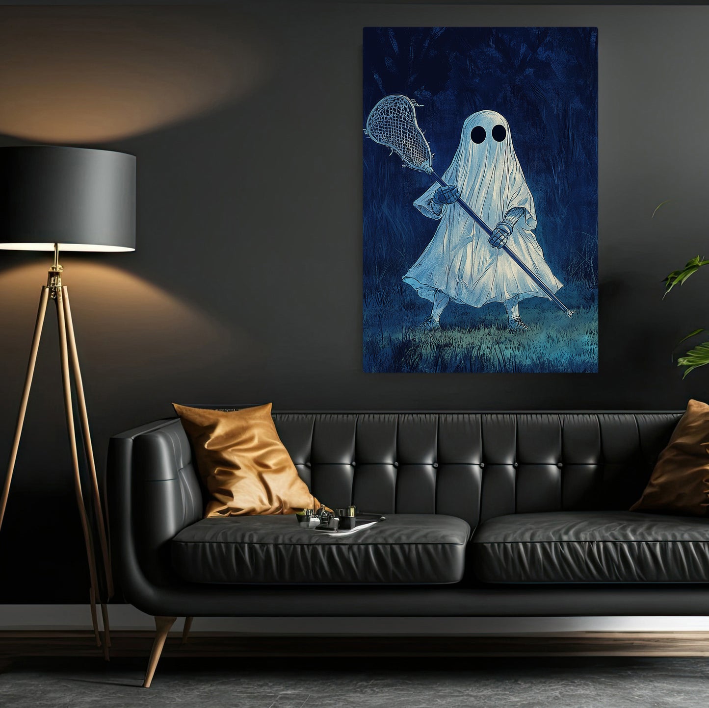 Funny Halloween Lacrosse Canvas Painting, Ghost Plays Lacrosse, Halloween Sport Wall Art Decor, Halloween Poster Gift For Lacrosse Lovers