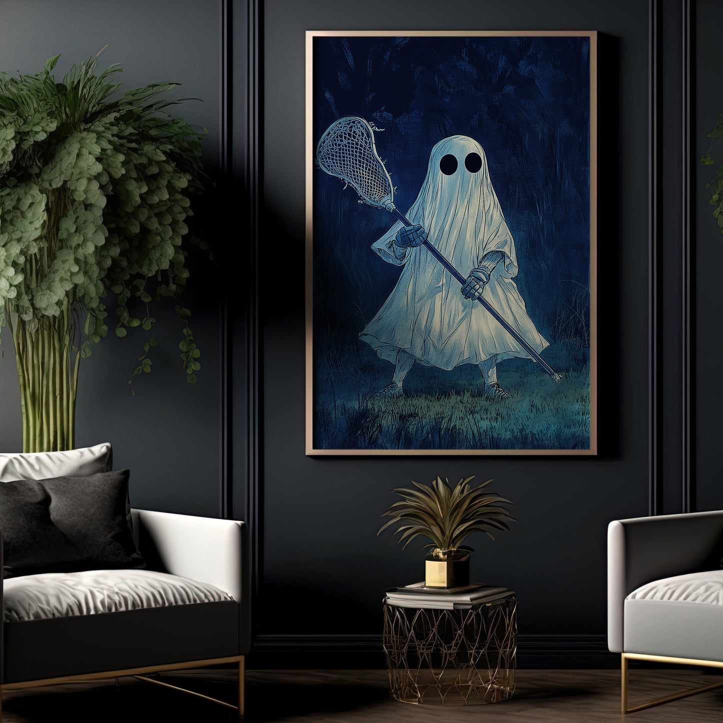 Funny Halloween Lacrosse Canvas Painting, Ghost Plays Lacrosse, Halloween Sport Wall Art Decor, Halloween Poster Gift For Lacrosse Lovers