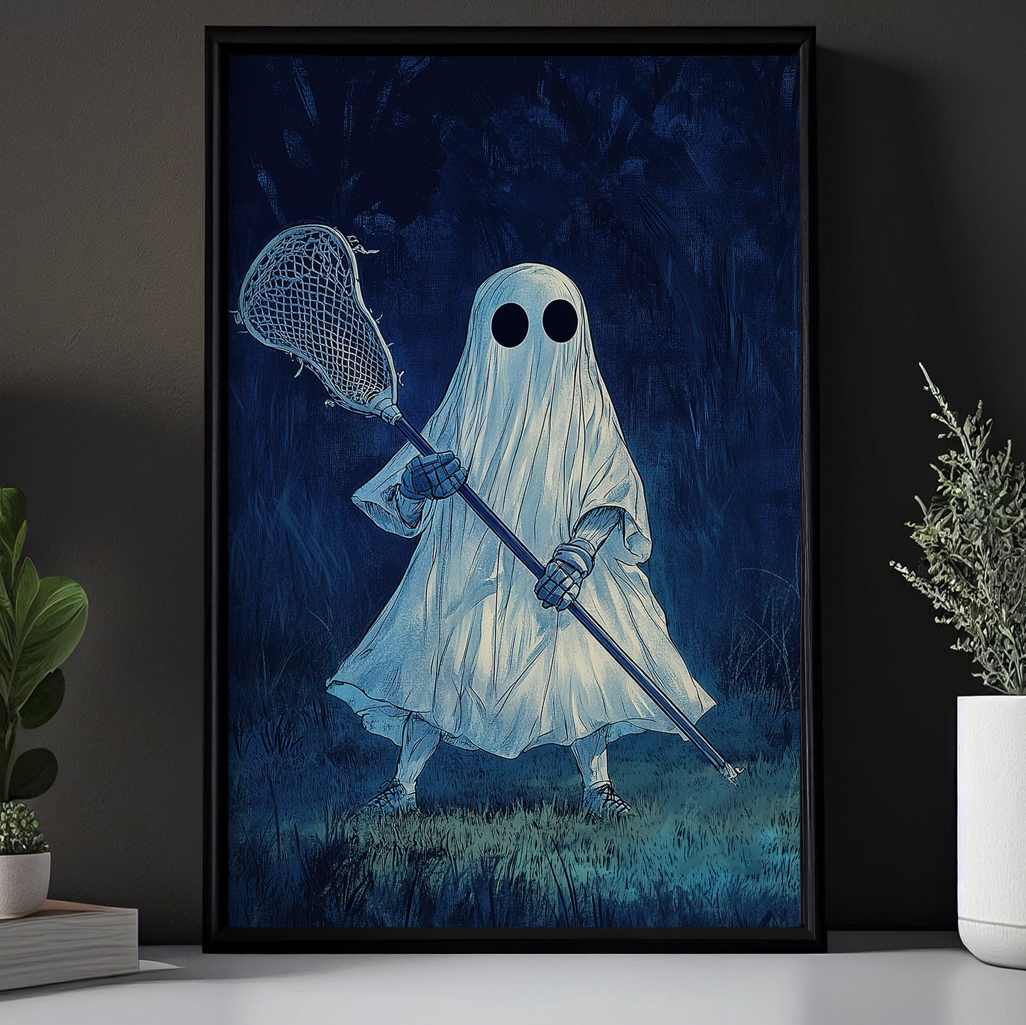 Funny Halloween Lacrosse Canvas Painting, Ghost Plays Lacrosse, Halloween Sport Wall Art Decor, Halloween Poster Gift For Lacrosse Lovers