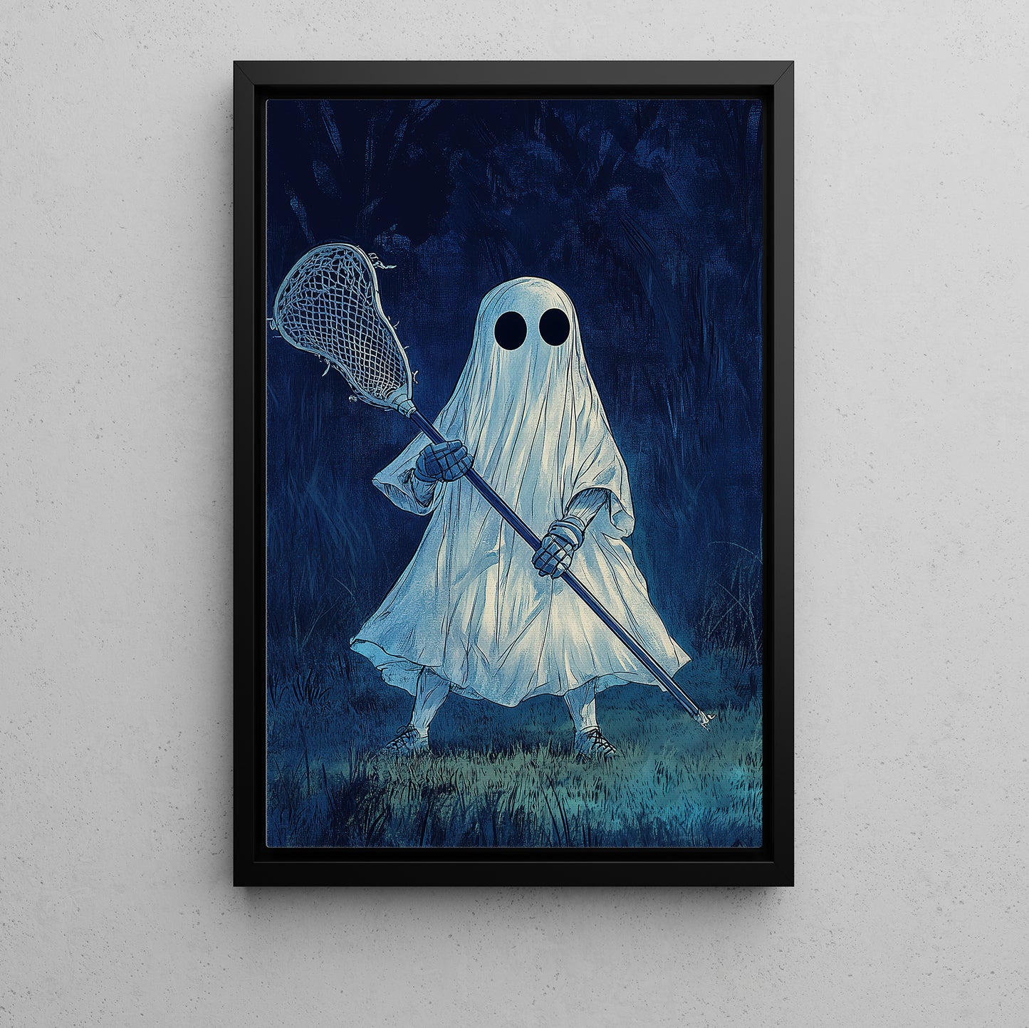 Funny Halloween Lacrosse Canvas Painting, Ghost Plays Lacrosse, Halloween Sport Wall Art Decor, Halloween Poster Gift For Lacrosse Lovers