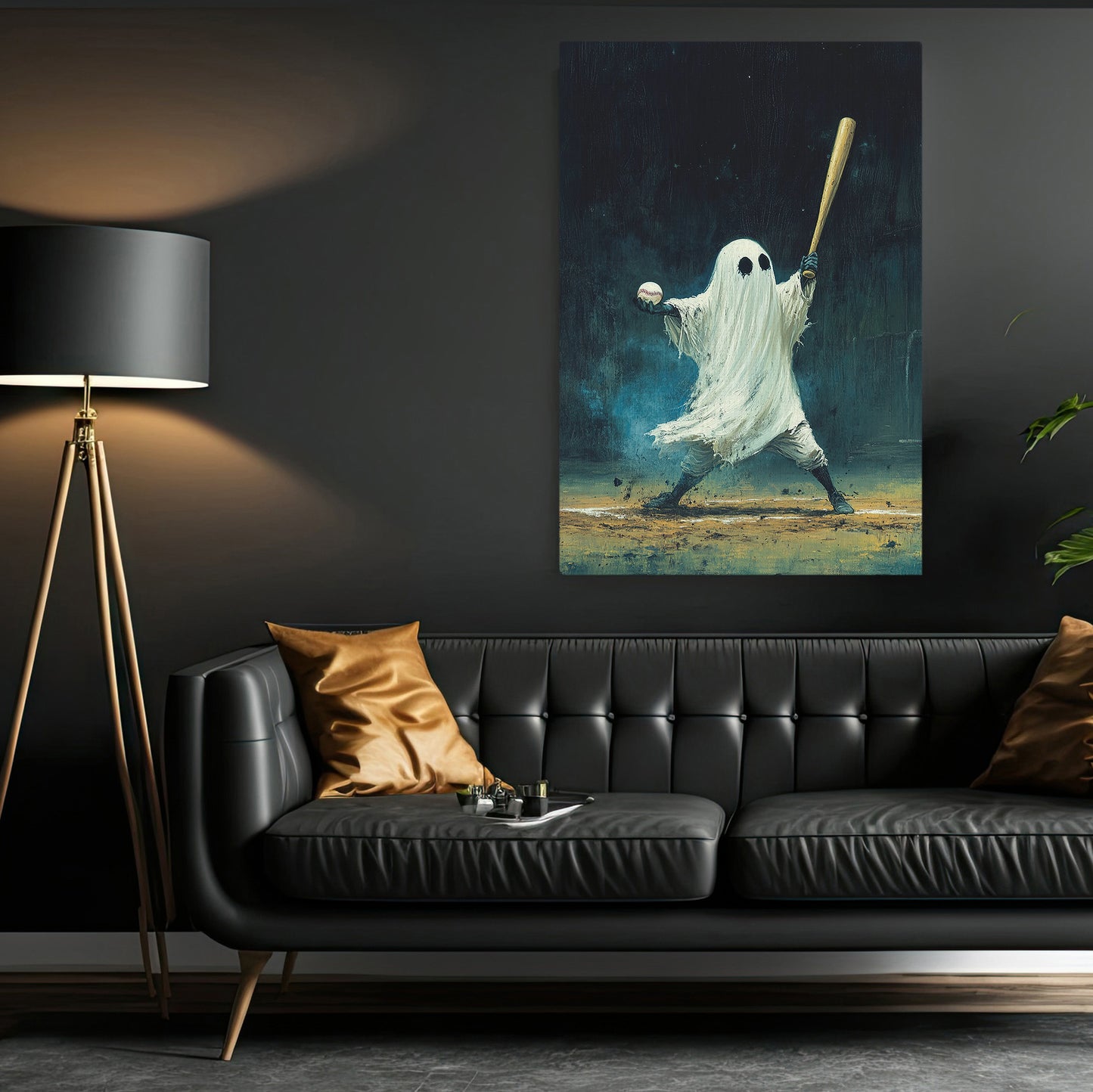 Ghost Plays Baseball, Baseball Canvas Painting, Spooky Season Wall Art Decor, Halloween Poster Gift For Baseball Lovers