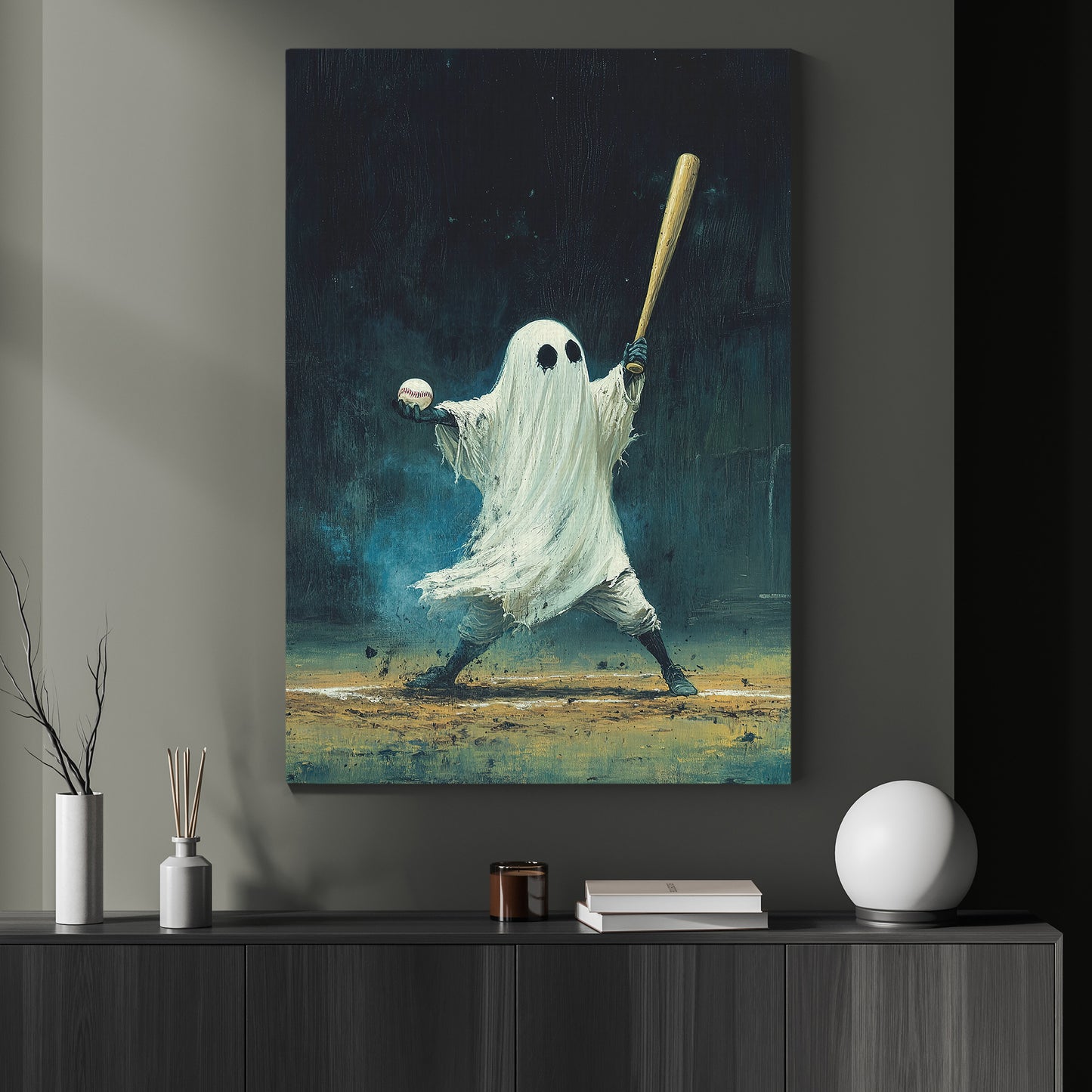 Ghost Plays Baseball, Baseball Canvas Painting, Spooky Season Wall Art Decor, Halloween Poster Gift For Baseball Lovers