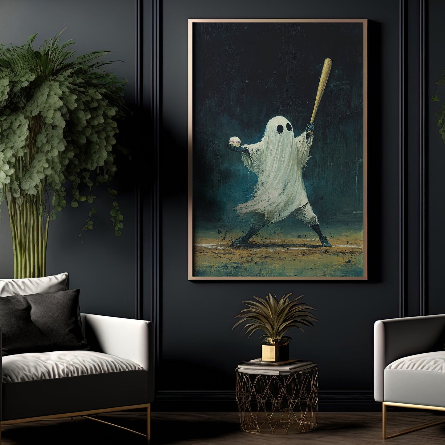 Ghost Plays Baseball, Baseball Canvas Painting, Spooky Season Wall Art Decor, Halloween Poster Gift For Baseball Lovers