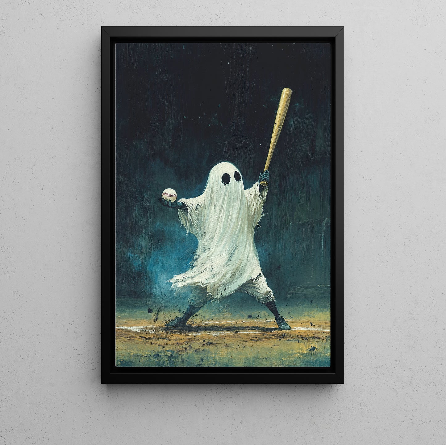 Ghost Plays Baseball, Baseball Canvas Painting, Spooky Season Wall Art Decor, Halloween Poster Gift For Baseball Lovers