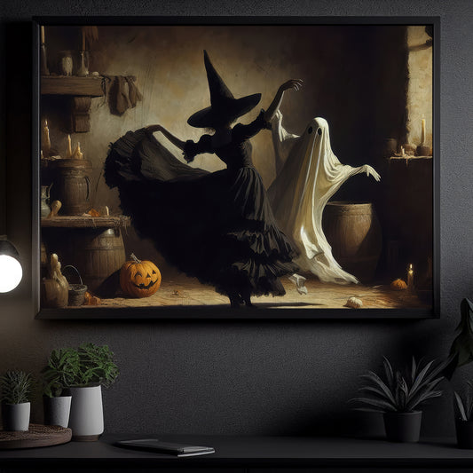 Dance of Shadows, Witch And Ghost Canvas Painting, Spooky Season Wall Art Decor, Halloween Poster Gift