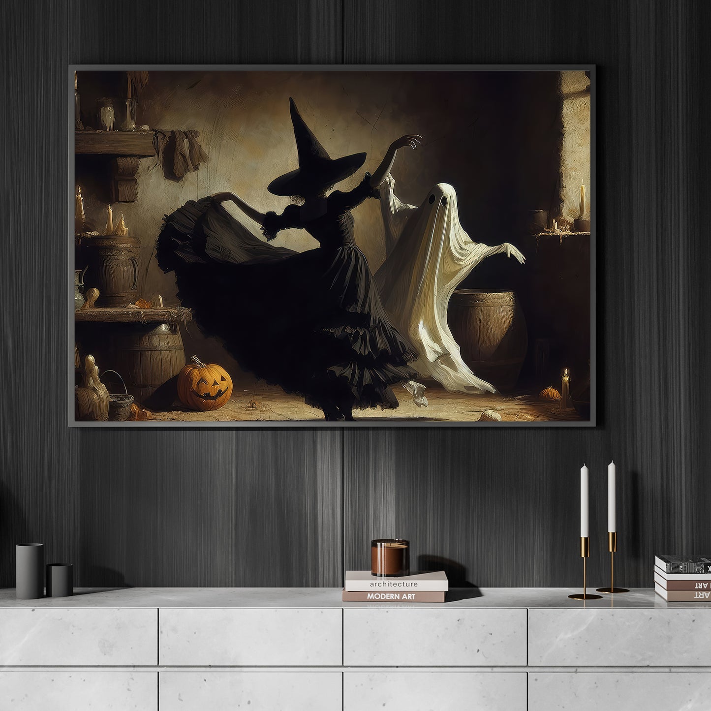 Dance of Shadows, Witch And Ghost Canvas Painting, Spooky Season Wall Art Decor, Halloween Poster Gift