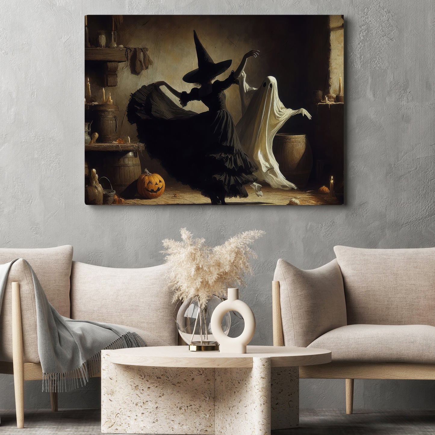 Dance of Shadows, Witch And Ghost Canvas Painting, Spooky Season Wall Art Decor, Halloween Poster Gift