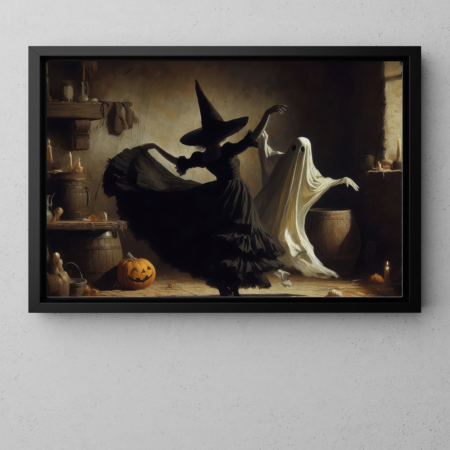 Dance of Shadows, Witch And Ghost Canvas Painting, Spooky Season Wall Art Decor, Halloween Poster Gift