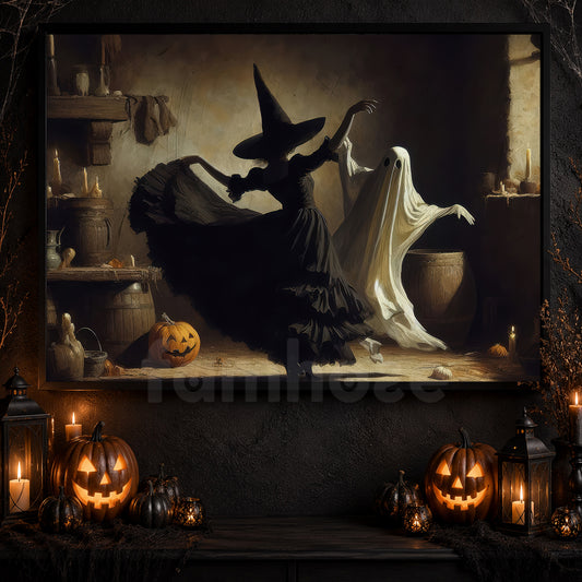 Dance of Shadows, Witch And Ghost Canvas Painting, Spooky Season Wall Art Decor, Halloween Poster Gift