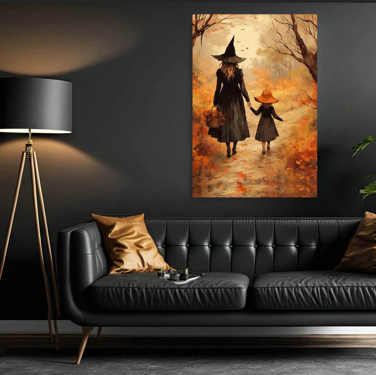 A Witch's Walk With Her Little, Witch Canvas Painting, Spooky Season Wall Art Decor, Halloween Poster Gift For Witch Lovers