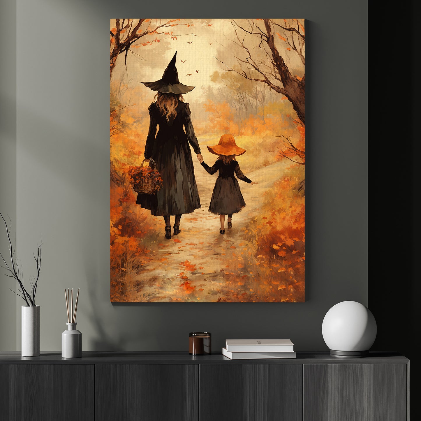 A Witch's Walk With Her Little, Witch Canvas Painting, Spooky Season Wall Art Decor, Halloween Poster Gift For Witch Lovers