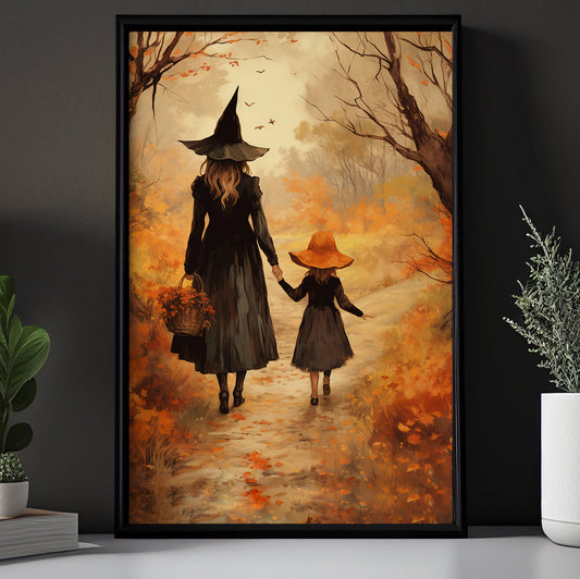 A Witch's Walk With Her Little, Witch Canvas Painting, Spooky Season Wall Art Decor, Halloween Poster Gift For Witch Lovers