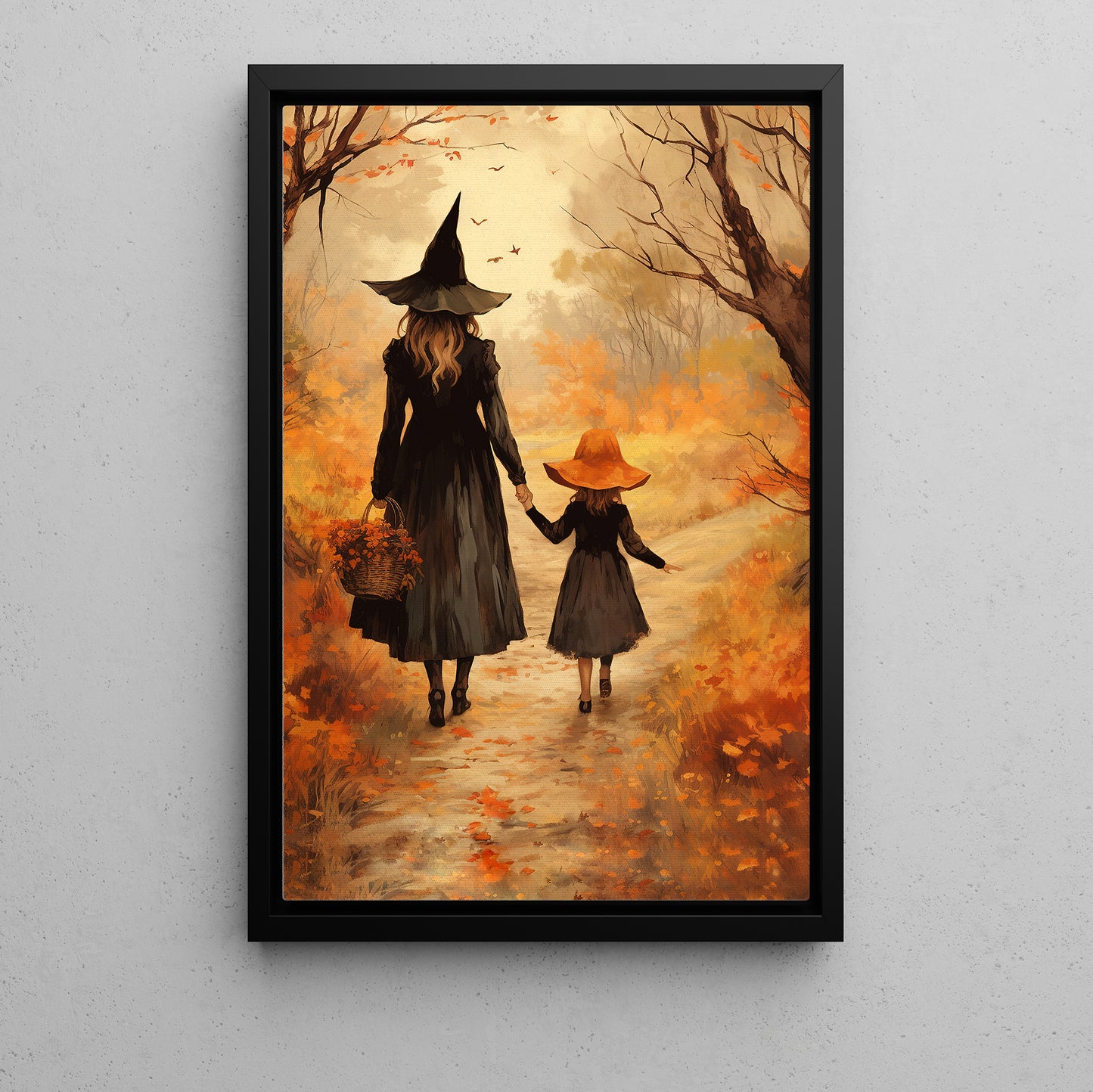 A Witch's Walk With Her Little, Witch Canvas Painting, Spooky Season Wall Art Decor, Halloween Poster Gift For Witch Lovers