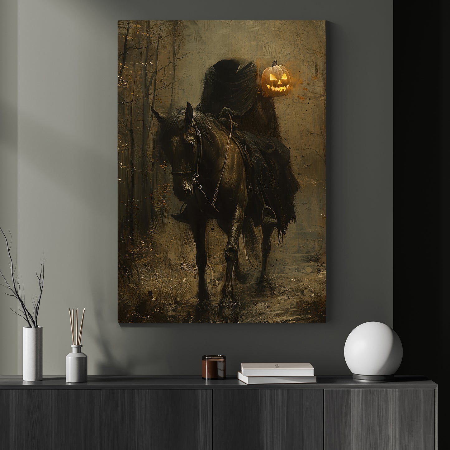 The Headless Horseman's Haunting Ride, Horse Canvas Painting, Spooky Season Wall Art Decor, Halloween Poster Gift For Horse Lovers