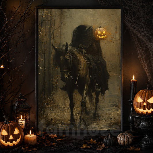 The Headless Horseman's Haunting Ride, Horse Canvas Painting, Spooky Season Wall Art Decor, Halloween Poster Gift For Horse Lovers