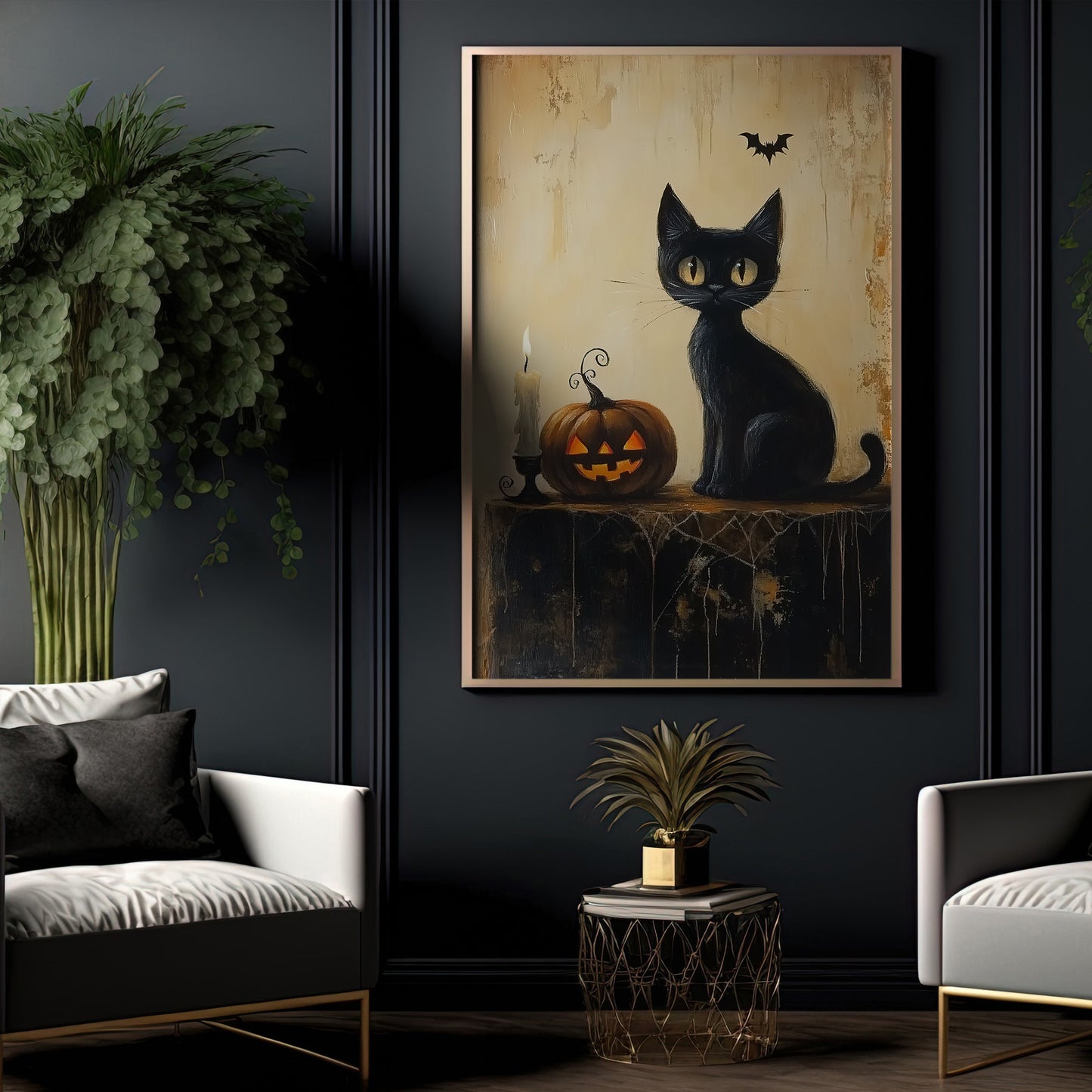 Midnight Watch, Cat Canvas Painting, Spooky Season Wall Art Decor, Halloween Poster Gift For Witch Cat Lovers