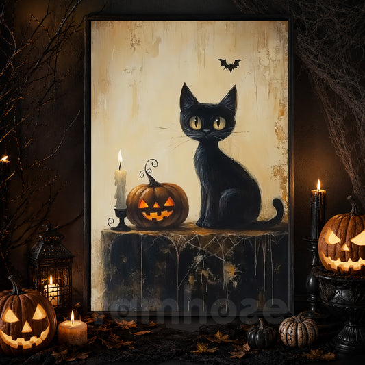 Midnight Watch, Cat Canvas Painting, Spooky Season Wall Art Decor, Halloween Poster Gift For Witch Cat Lovers