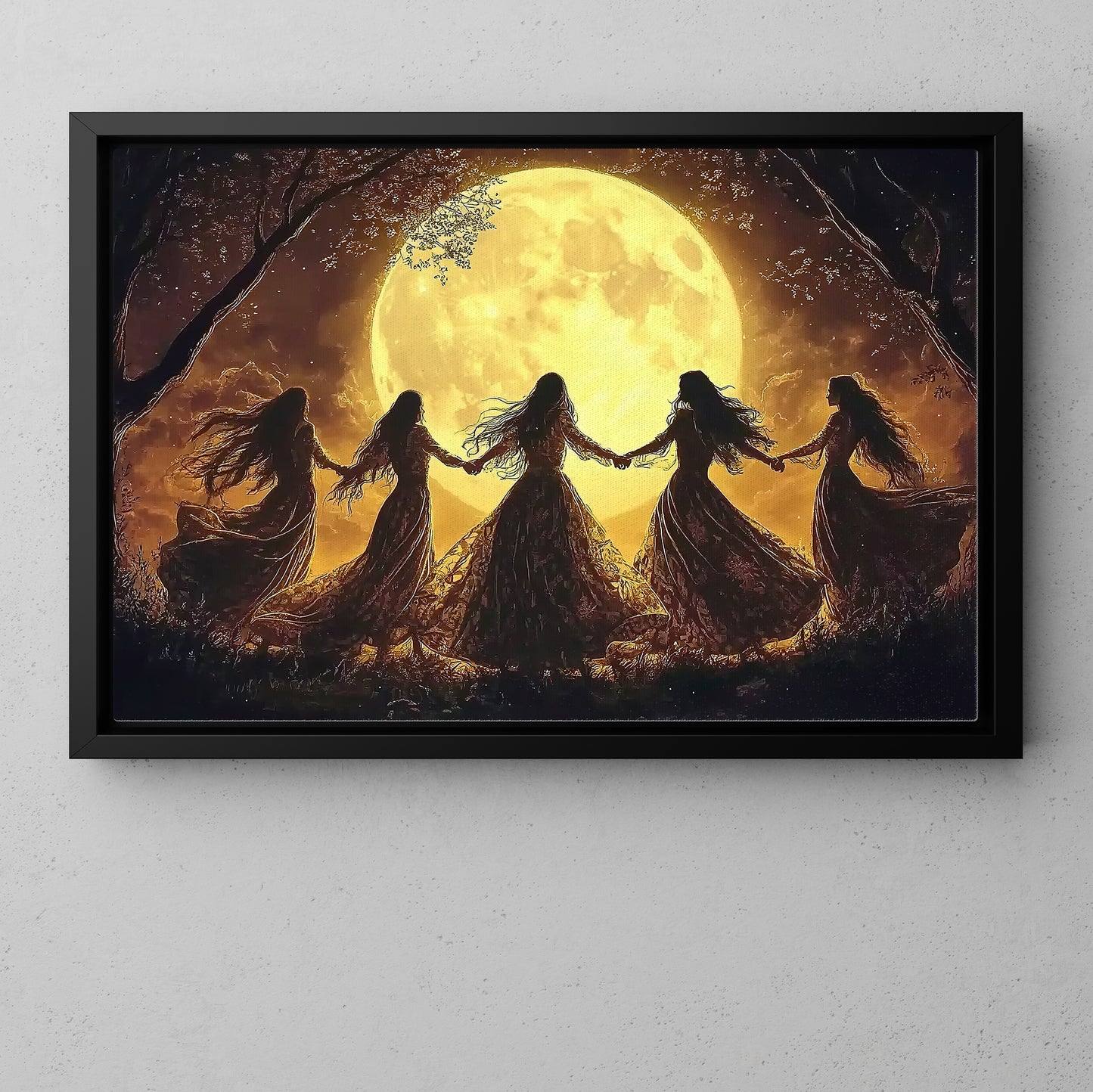 Moonlit Sisters, Witch Canvas Painting, Spooky Season Wall Art Decor, Halloween Poster Gift For Witch Lovers