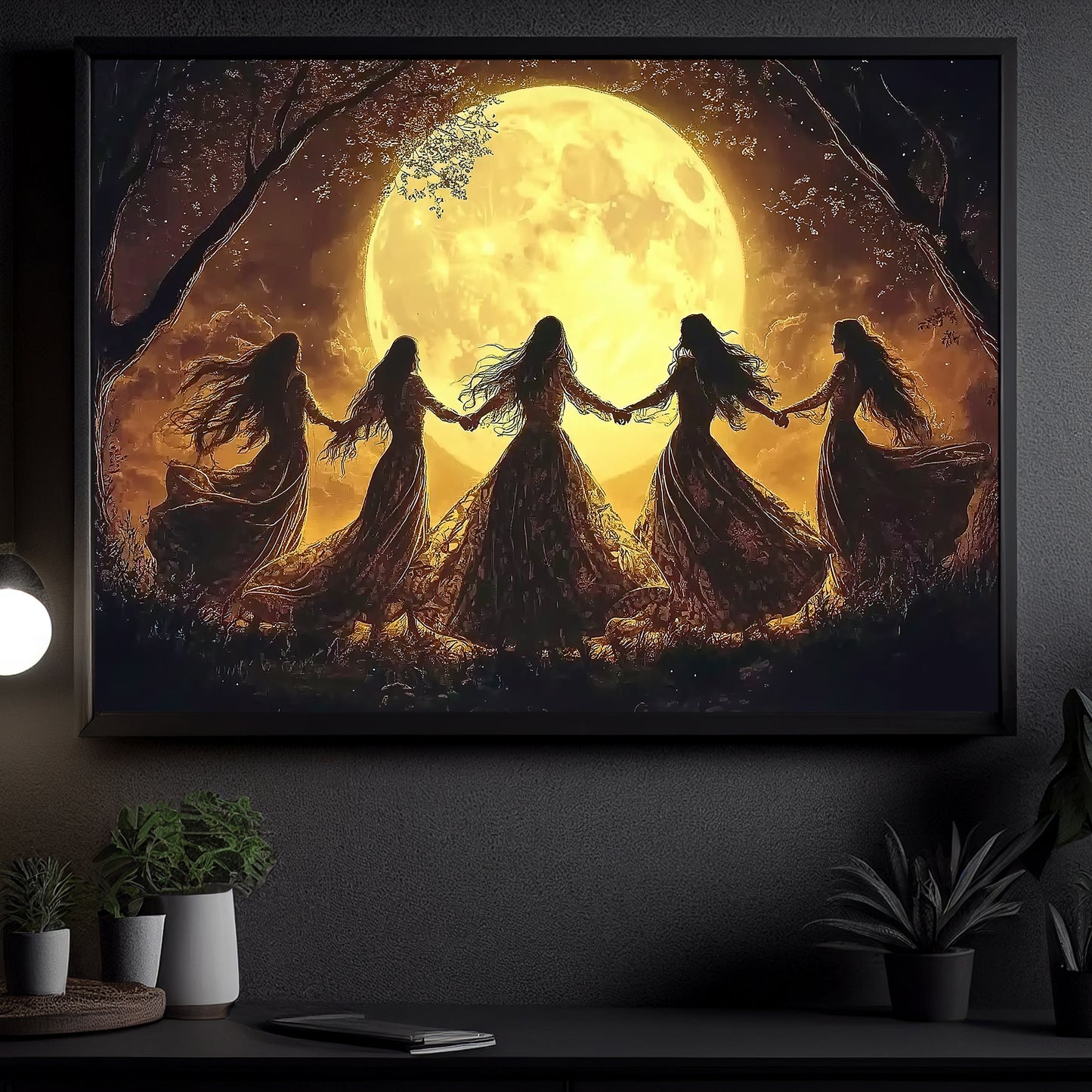 Moonlit Sisters, Witch Canvas Painting, Spooky Season Wall Art Decor, Halloween Poster Gift For Witch Lovers