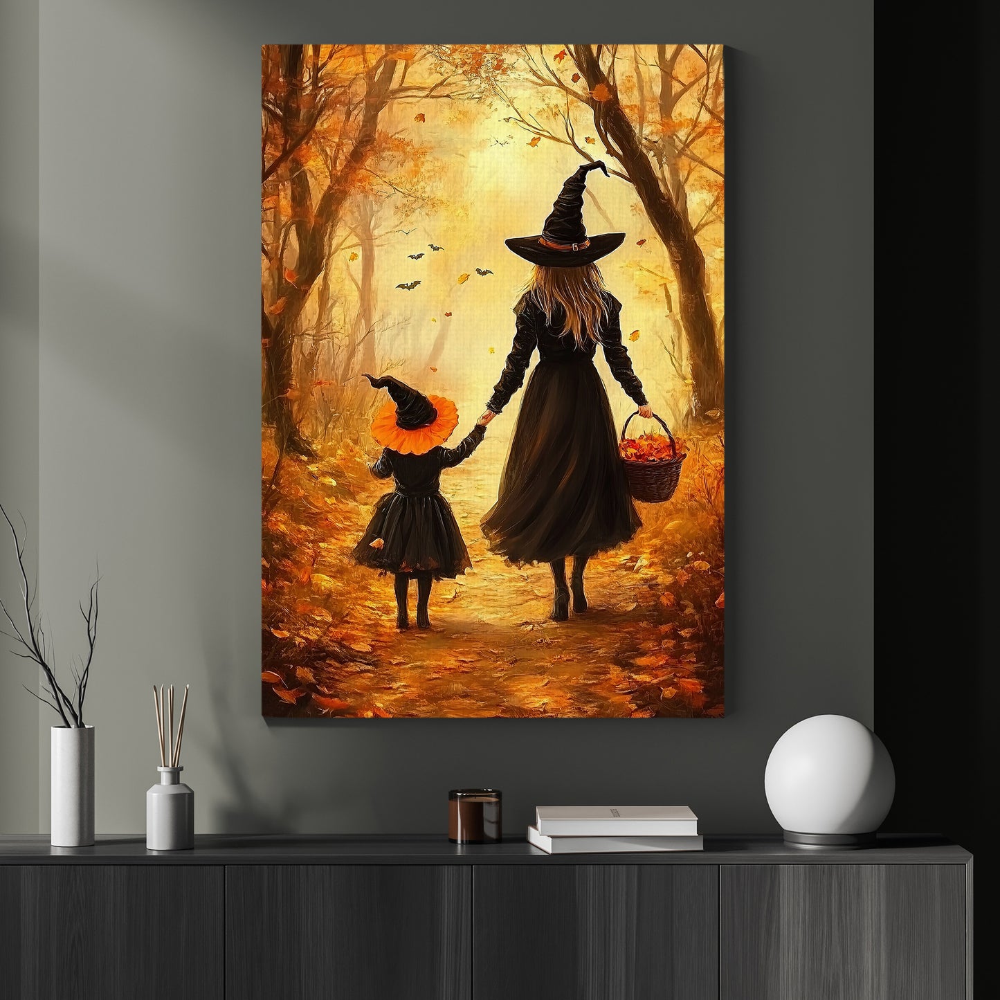 Witching Hour Stroll, Witch Canvas Painting, Spooky Season Wall Art Decor, Halloween Poster Gift For Witch Lovers