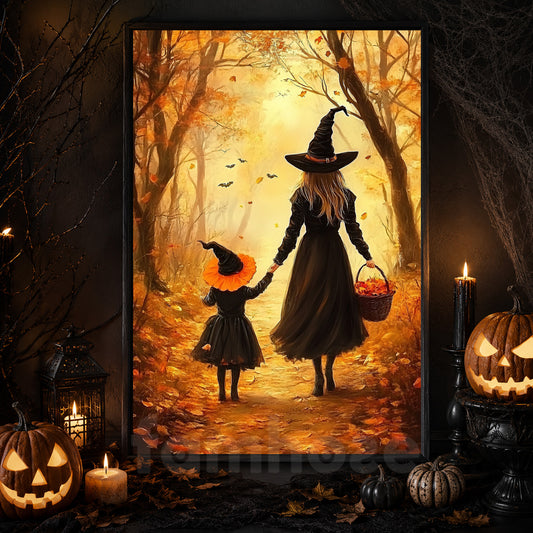 Witching Hour Stroll, Witch Canvas Painting, Spooky Season Wall Art Decor, Halloween Poster Gift For Witch Lovers