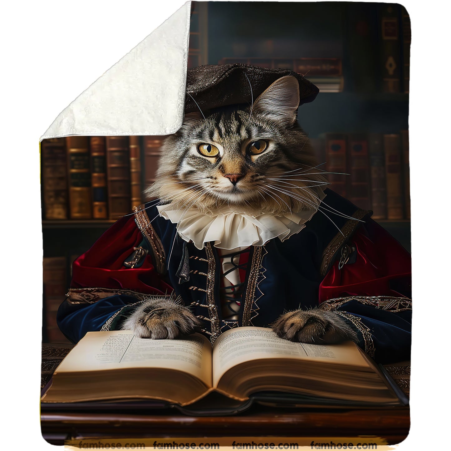 Victorian Cat Fleece Blanket - The Noble Cat Sherpa Blanket, Woven Blanket Gift For Cat Lovers, Books Lovers