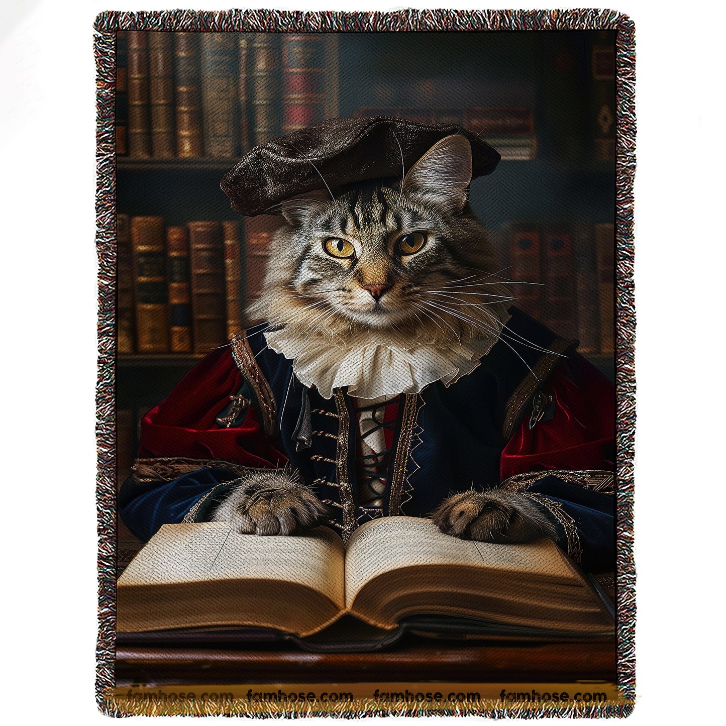 Victorian Cat Fleece Blanket - The Noble Cat Sherpa Blanket, Woven Blanket Gift For Cat Lovers, Books Lovers