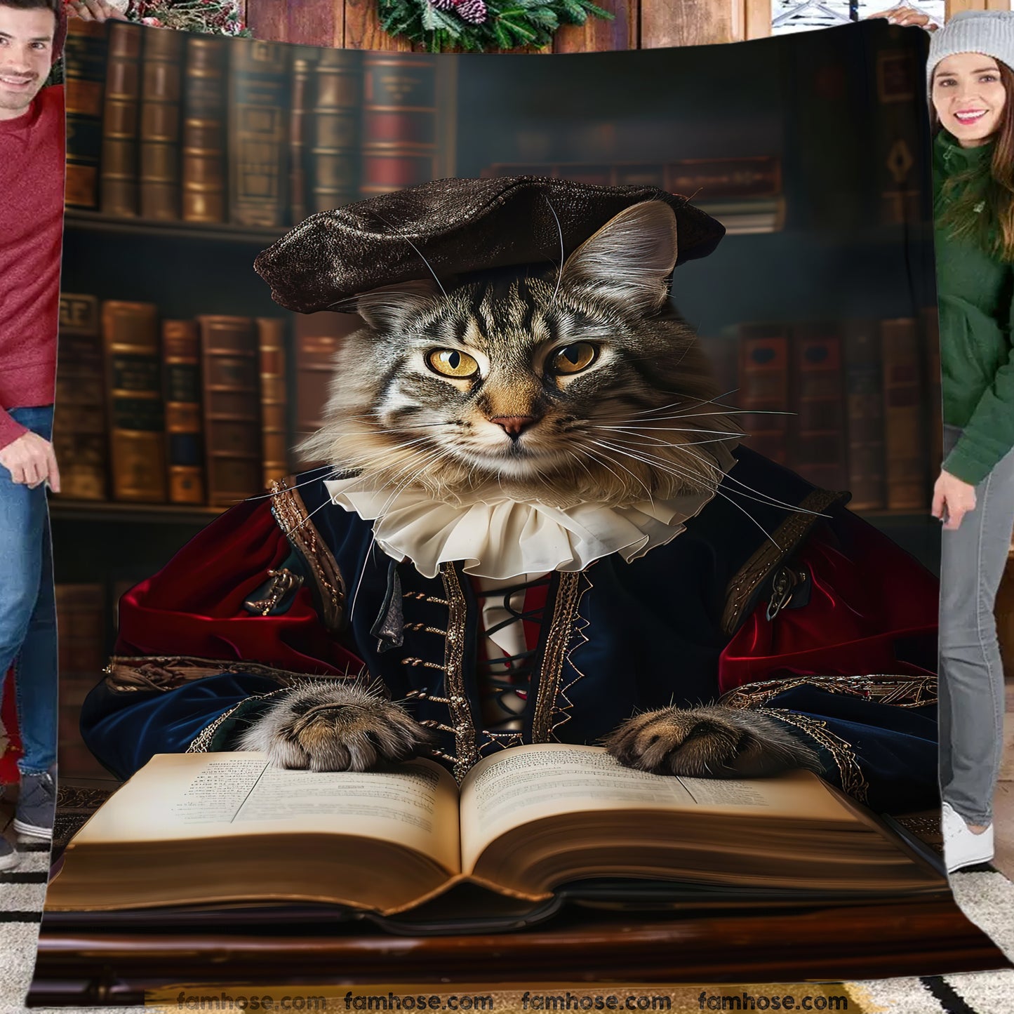 Victorian Cat Fleece Blanket - The Noble Cat Sherpa Blanket, Woven Blanket Gift For Cat Lovers, Books Lovers