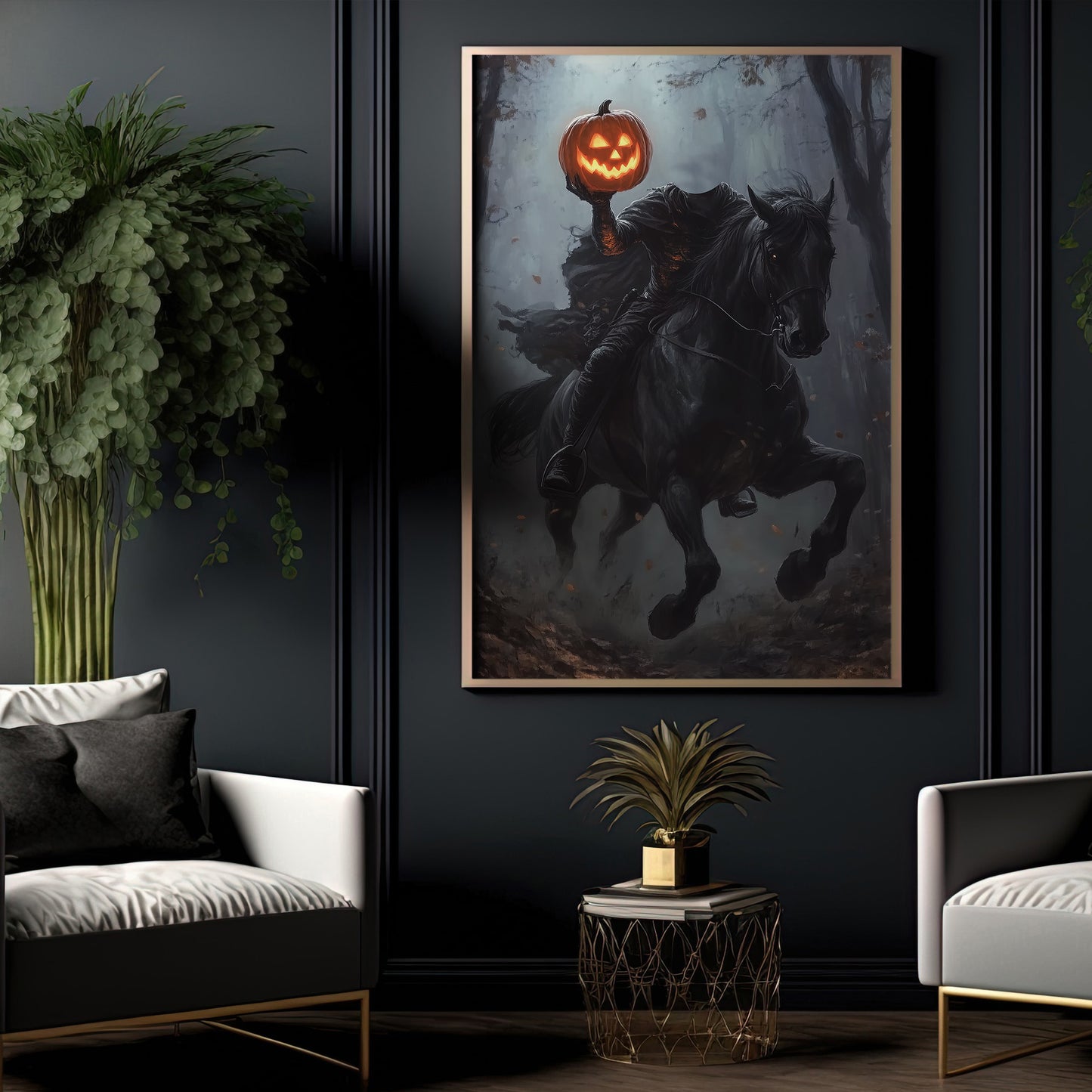 The Headless Horseman's Ride, Horse Canvas Painting, Spooky Season Wall Art Decor, Halloween Poster Gift For Horse Riding Lovers