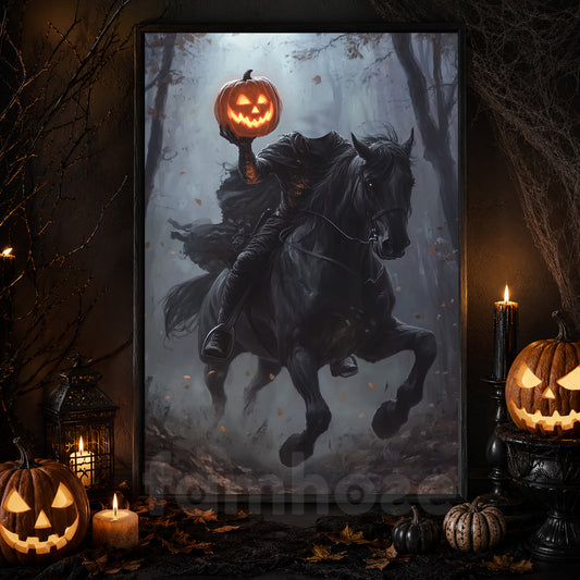 The Headless Horseman's Ride, Horse Canvas Painting, Spooky Season Wall Art Decor, Halloween Poster Gift For Horse Riding Lovers