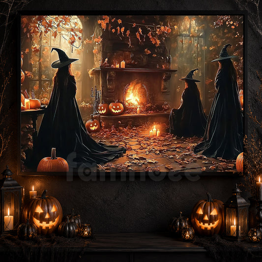 Interesting Halloween Canvas Painting, Witch Meeting, Spooky Season Wall Art Decor, Halloween Poster Gift