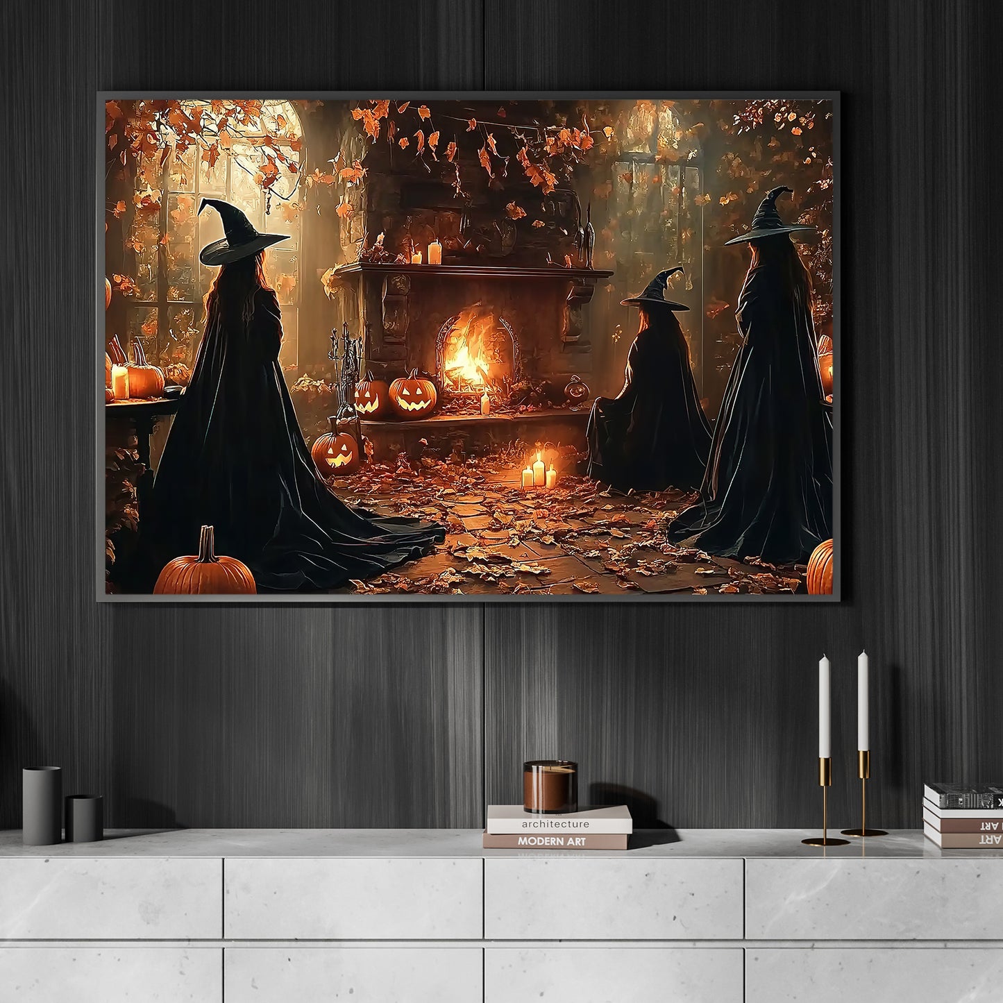 Interesting Halloween Canvas Painting, Witch Meeting, Spooky Season Wall Art Decor, Halloween Poster Gift