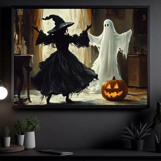 Interesting Halloween Canvas Painting, Witch And Ghost Are Dancing, Spooky Season Wall Art Decor, Halloween Poster Gift