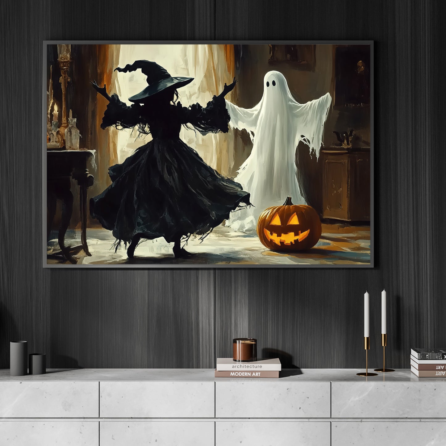 Interesting Halloween Canvas Painting, Witch And Ghost Are Dancing, Spooky Season Wall Art Decor, Halloween Poster Gift