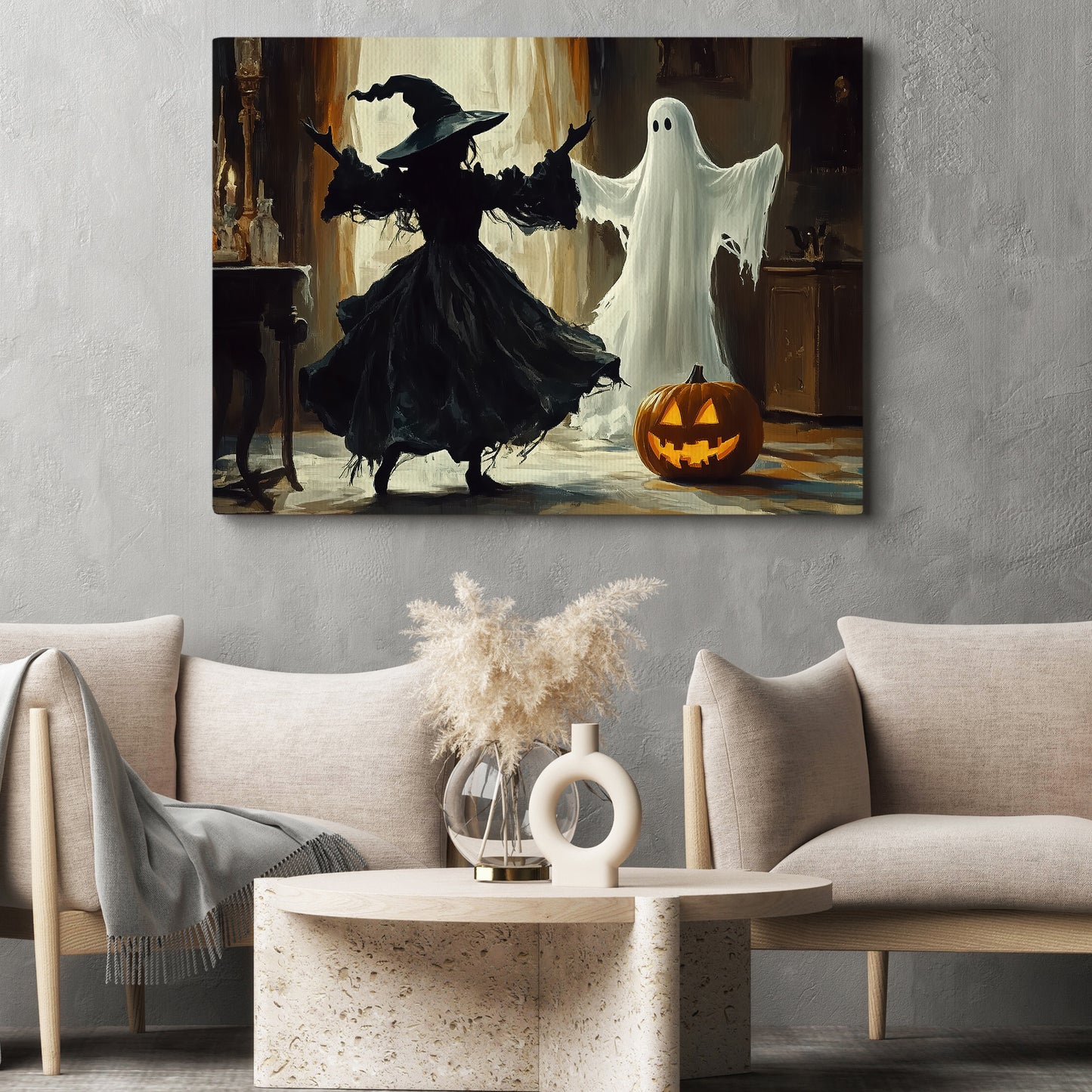 Interesting Halloween Canvas Painting, Witch And Ghost Are Dancing, Spooky Season Wall Art Decor, Halloween Poster Gift