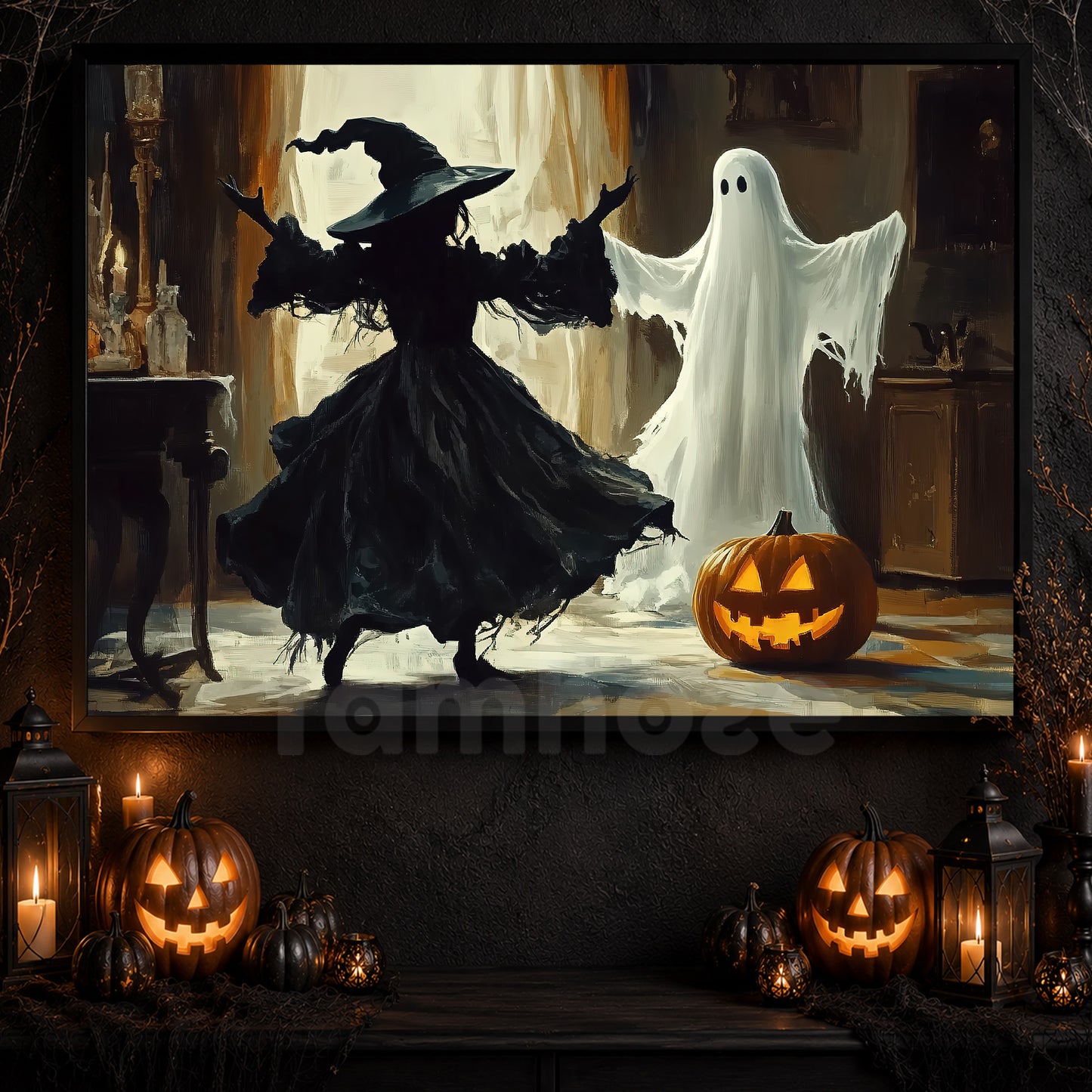 Interesting Halloween Canvas Painting, Witch And Ghost Are Dancing, Spooky Season Wall Art Decor, Halloween Poster Gift