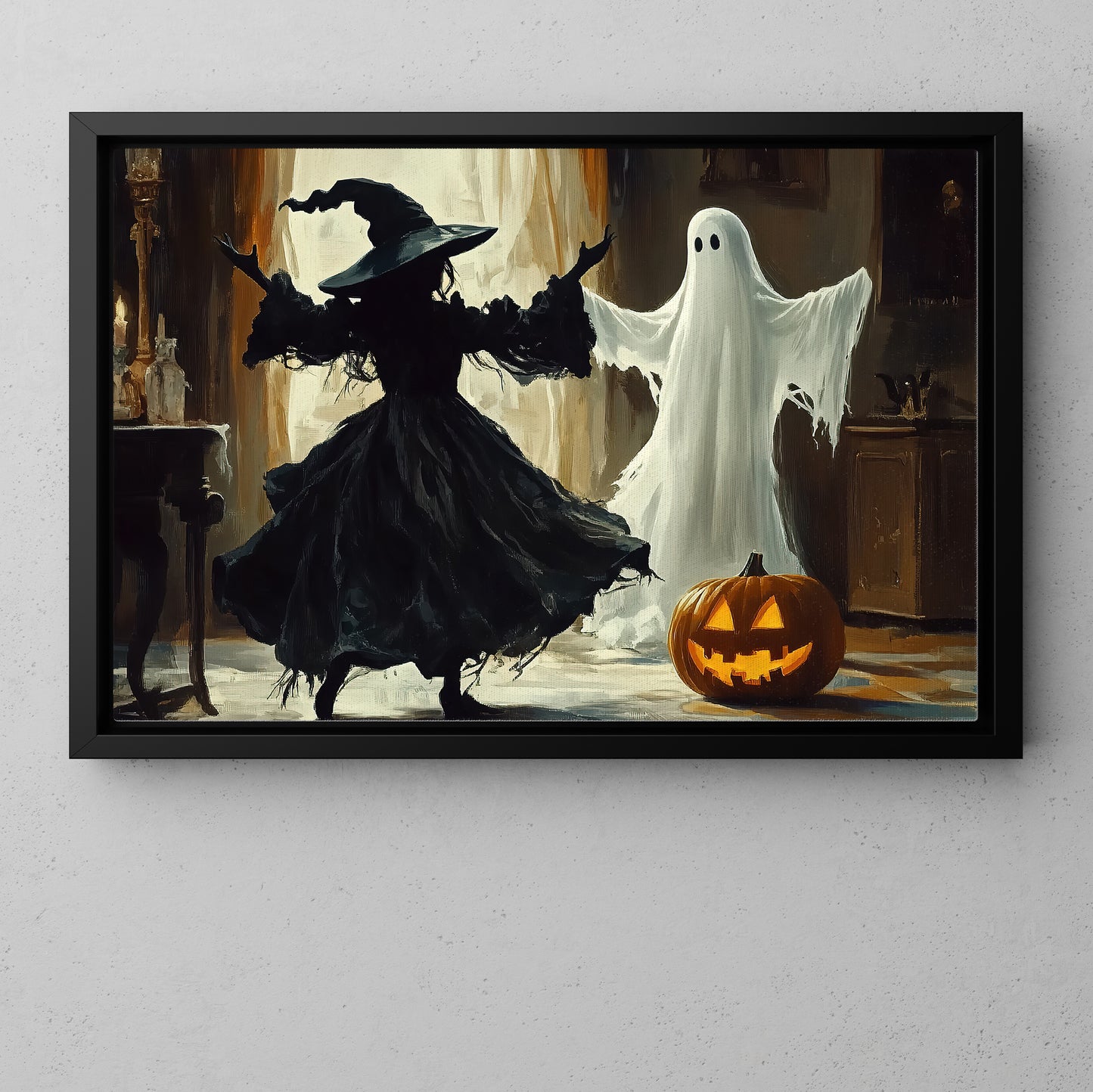 Interesting Halloween Canvas Painting, Witch And Ghost Are Dancing, Spooky Season Wall Art Decor, Halloween Poster Gift