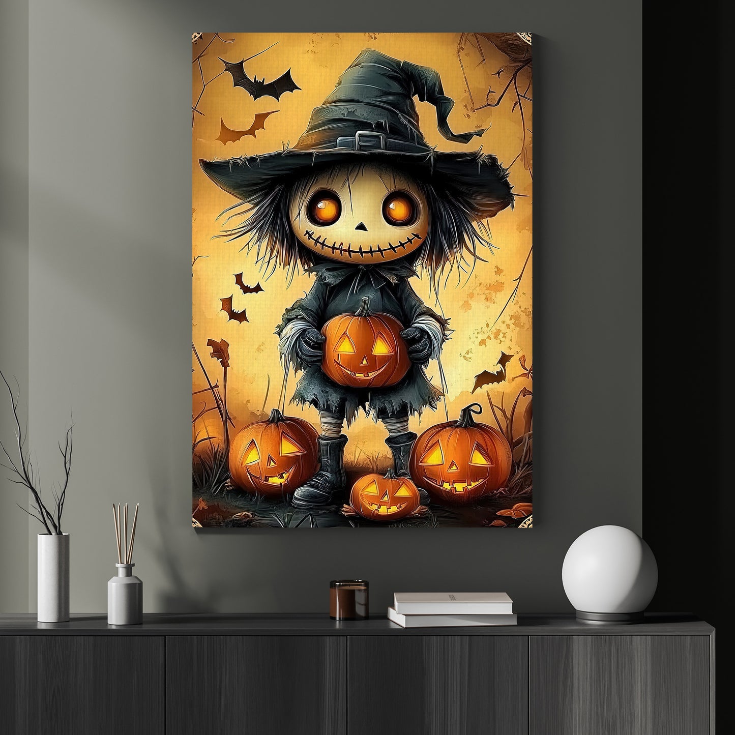 Cute Scarecrow Halloween Canvas Painting, Spooky Season Wall Art Decor, Halloween Poster Gift