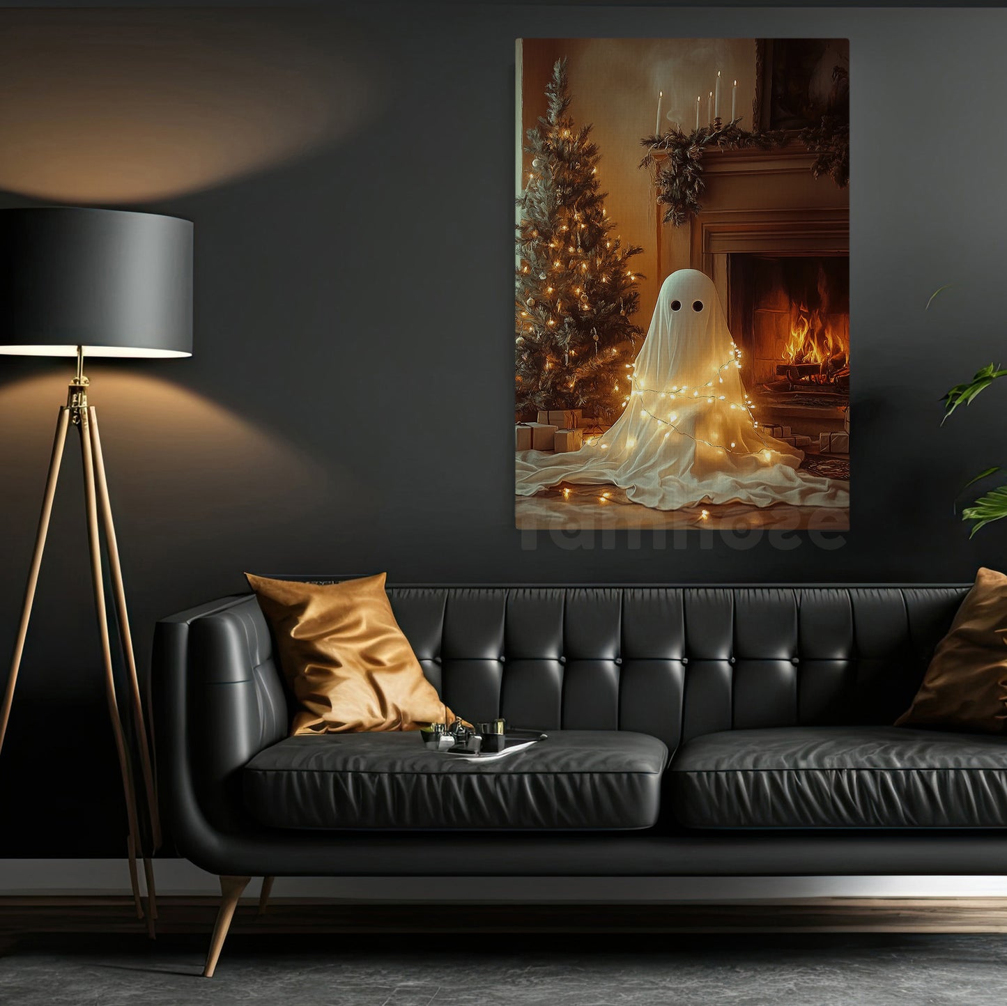 Cozy Christmas Ghost Canvas Painting, Ghost In The Warming Room Winter Wall Art Decor, Xmas Poster Gift For Ghost Lovers