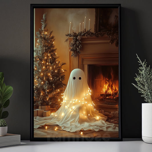 Cozy Christmas Ghost Canvas Painting, Ghost In The Warming Room Winter Wall Art Decor, Xmas Poster Gift For Ghost Lovers