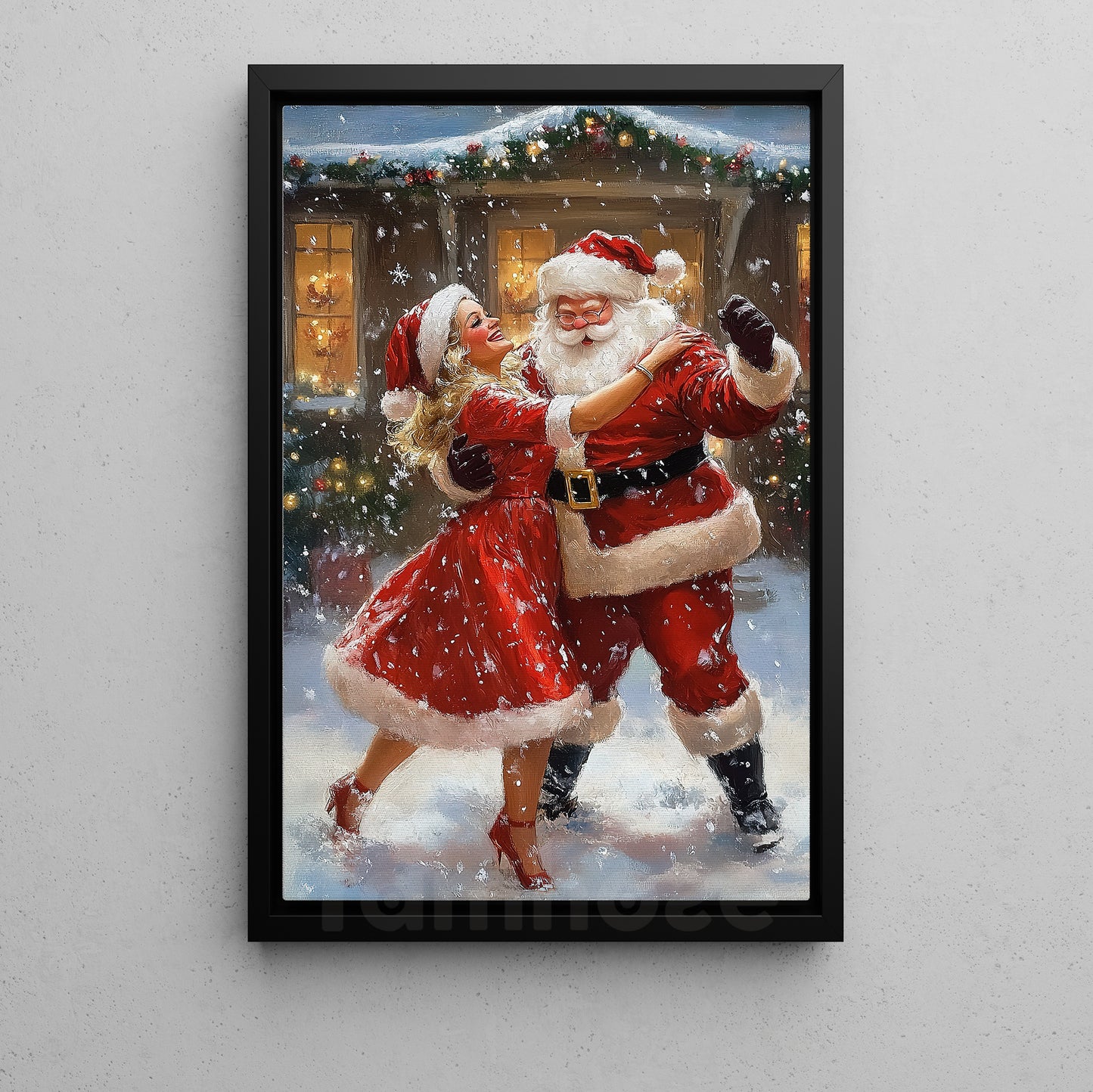 Funny Christmas Canvas Painting, Santa Claus Dancing With Lovers Winter Wall Art Decor, Xmas Poster Gift