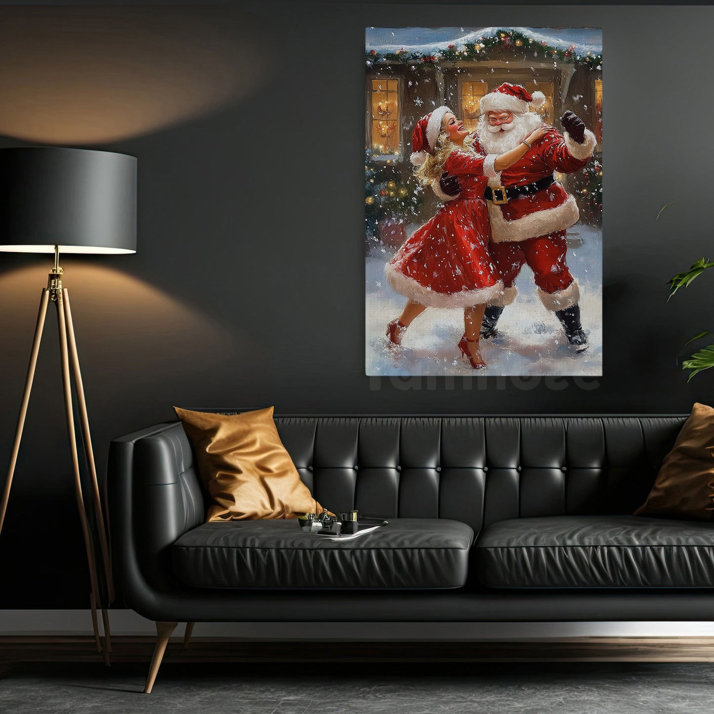 Funny Christmas Canvas Painting, Santa Claus Dancing With Lovers Winter Wall Art Decor, Xmas Poster Gift