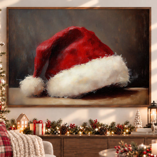 Vintage Christmas Santa Hat Canvas Painting, Christmas Eve At Rest Wall Art Decor, Xmas Poster Gift To Decor House Or Office