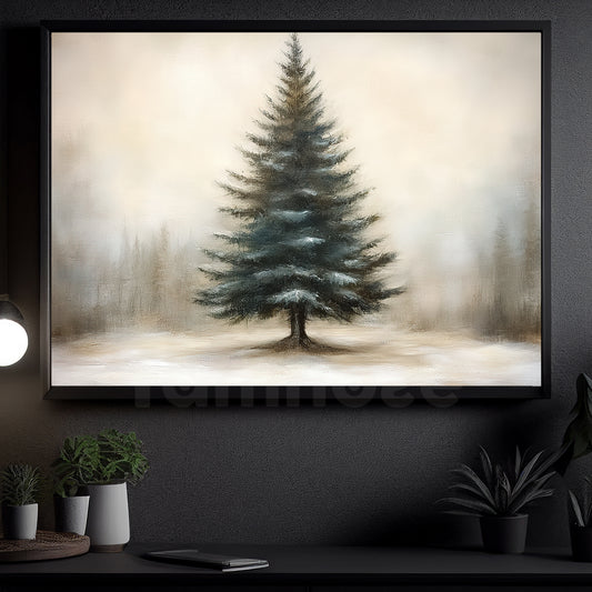 Vintage Christmas Tree Canvas Painting, Alone Pine Tree In Winter Wall Art Decor, Xmas Poster Gift For Christmas Tree Lovers