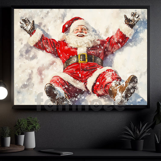 Funny Christmas Canvas Painting, Santa Playing In Snow Wall Art Decor, Xmas Poster Gift
